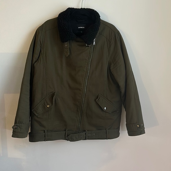 Express Olive Black Fleece Asymmetrical Bomber Jacket - Picture 3 of 5